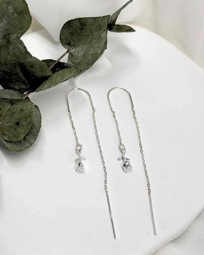 עגילי כסף סטרלינג 925 תלויים עם עיצוב פרח רוזה עדין ושרשרת דקה