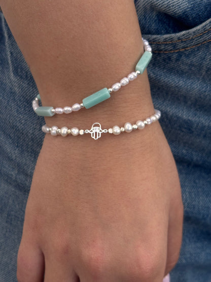 צמיד פנינים ותליון חמסה עם זרקון עשוי כסף 925