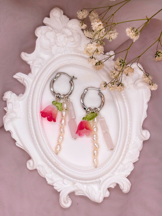 עגילי וולרי - עגיל חישוק כסף אמיתי 925 עם אבן רוז קוורץ טבעית ופנינים