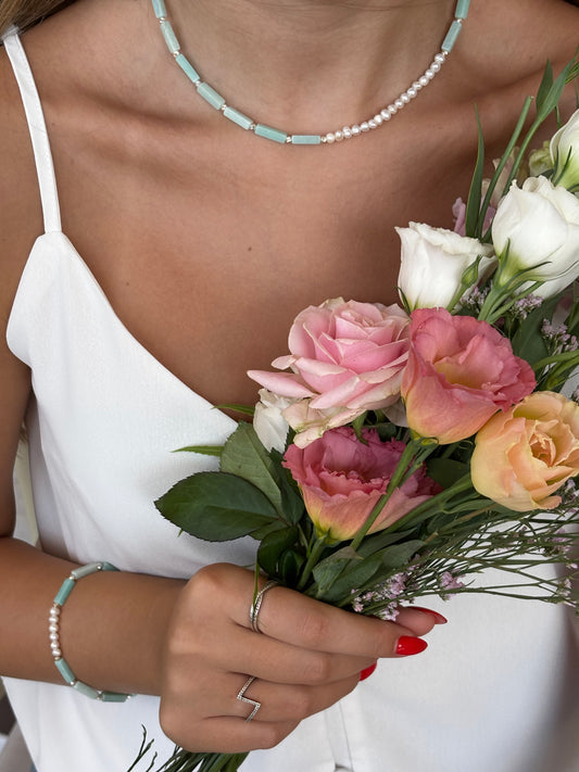 סט סלין - תכשיטים עבודת יד בשילוב כסף אמיתי 925, אבן אמזונייט טבעית ופנינים